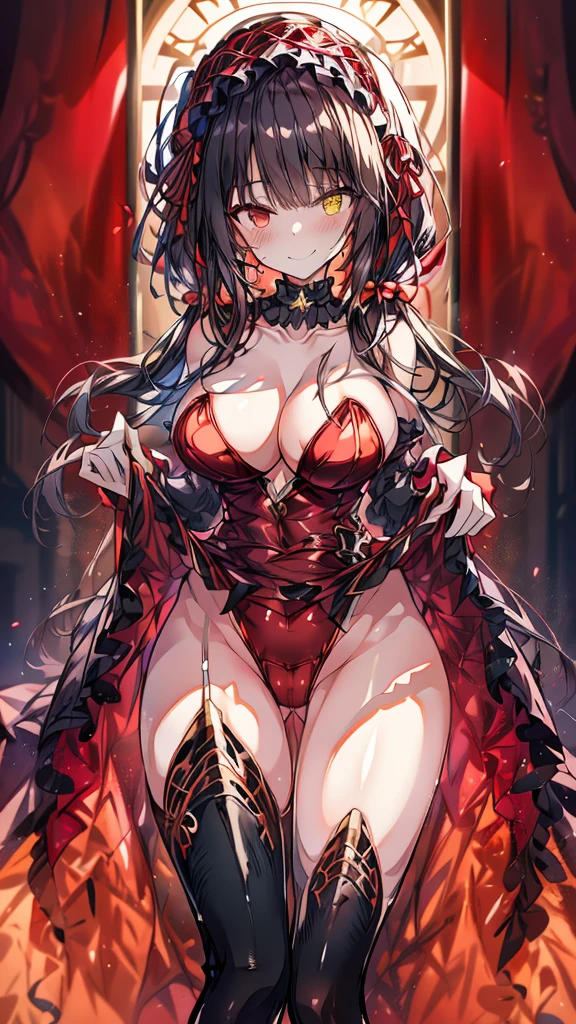 masterpiece, Highest quality, High resolution, One girl, sweeper, Long Hair, Twin tails, hair band, Heterochromia iridis, Medium chest, Cleavage, Black choker, Red ribbon, Exposing shoulders, Gothic, Red dress，((Red leotard)), Red Bow, Removable sleeves, Red Skirt, Have a weapon, gun, Outdoor, smile, (She lifts her skirt to reveal her wet pussy) (seductive smile)