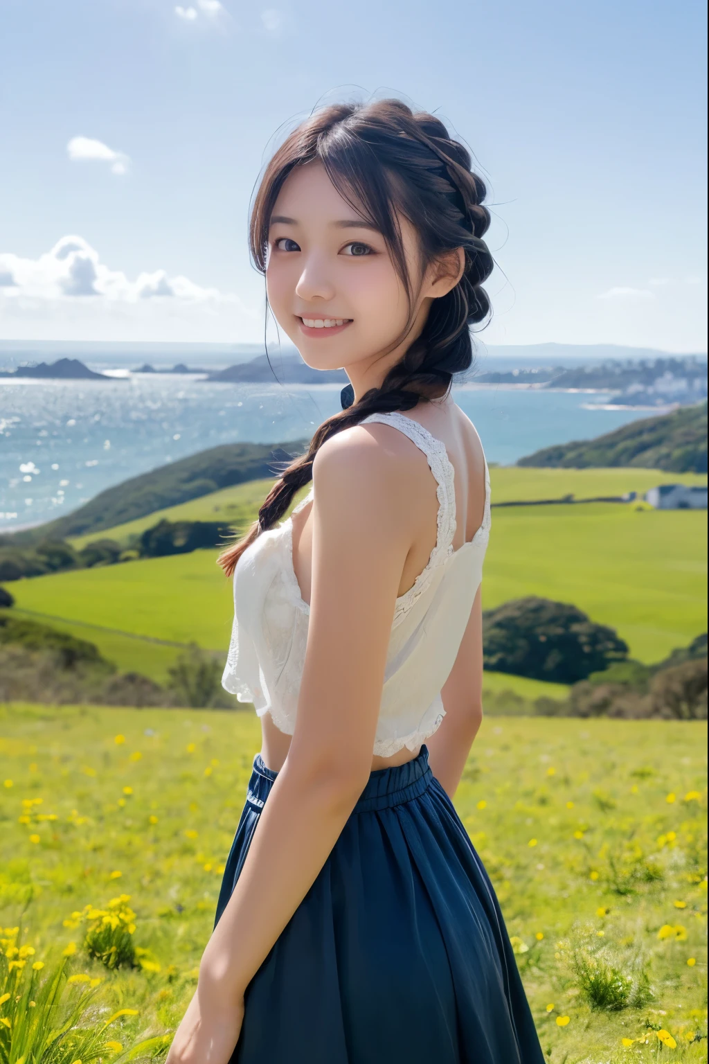 ung girl,very cute and beautiful japanese teenress,highly detailed beautiful face,twin braid,
white campisole,looking at viewer,smile,happy,stylish pose,pleated navy blue mini skirt,solo,
countryside,hilltop,grassland,distant ocean background,beautiful summer sky,real person,photorealistic,8k,raw photo,
