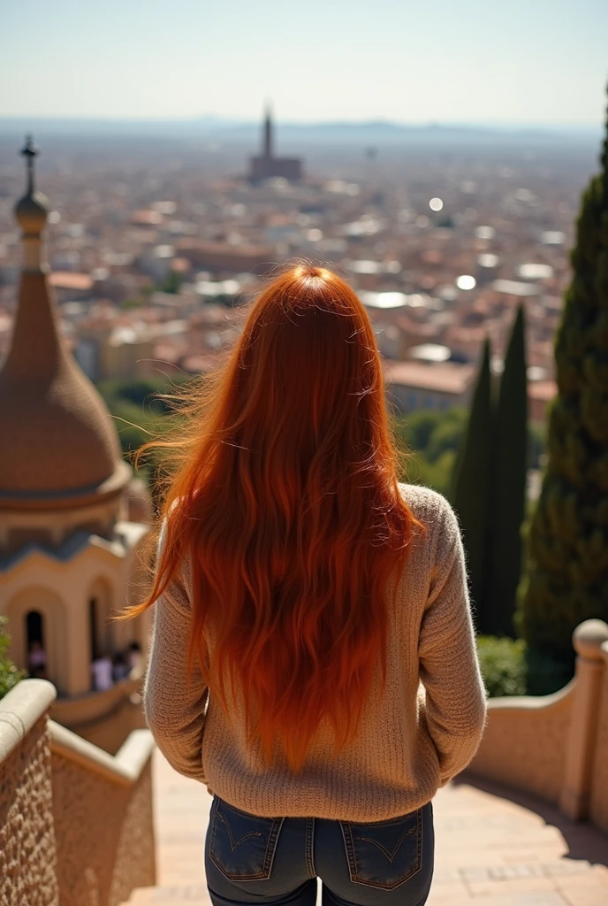 Imagine a woman with long red hair visiting Park Guell in Barcelona 