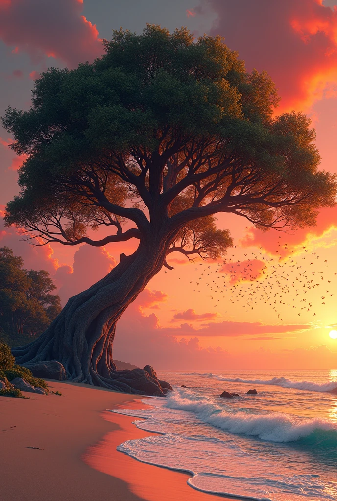 Sea beach with big tree and red sun,million of bird in the red sky.