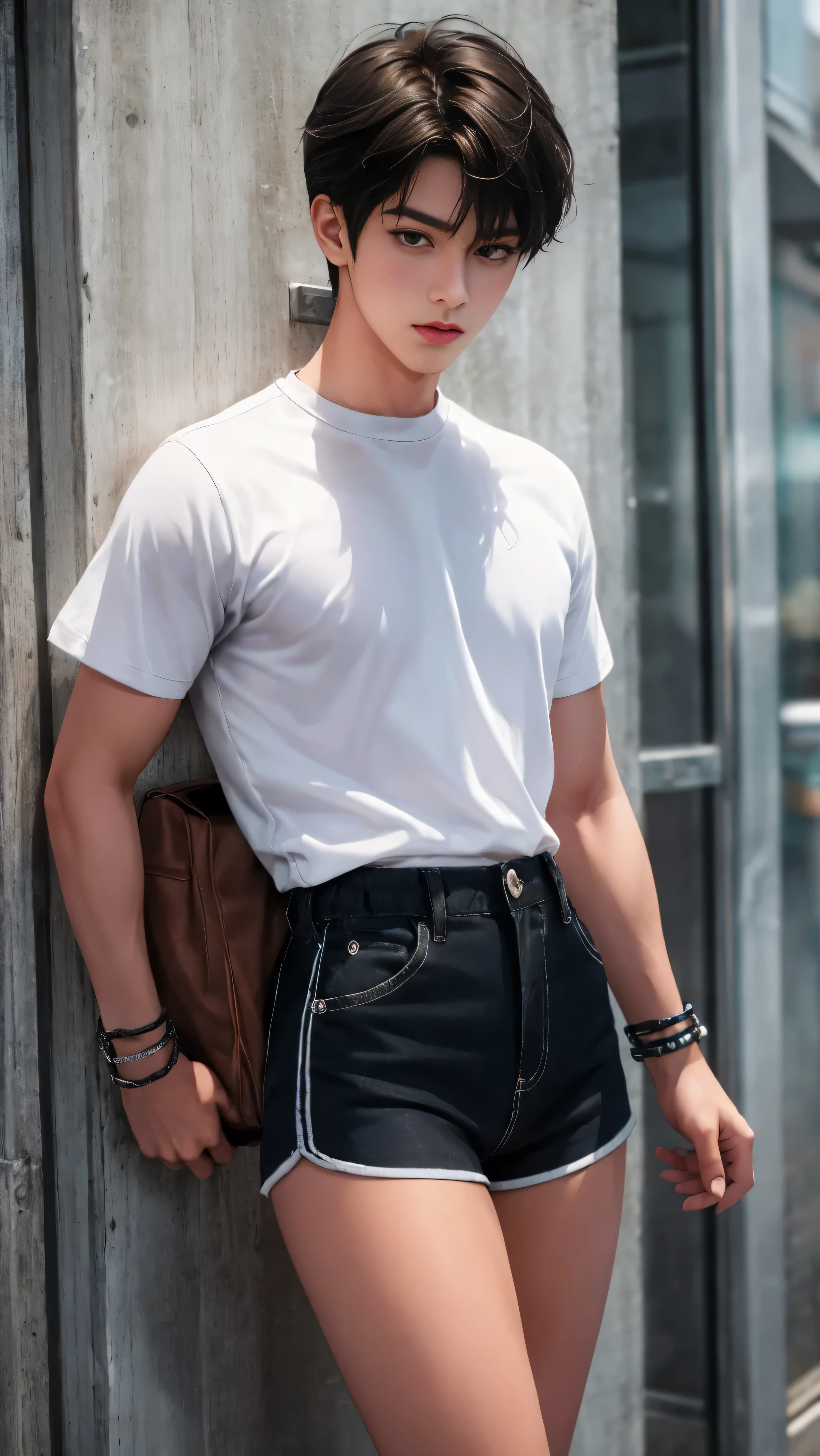 Handsome boy 18 years old, tanned, cute face, brown eyes, dark hair, bangs, wearing short sleeved cropped shirt and excessively short mini shorts, long slim legs, bracelets, flirtatious pose, hot summer, top quality