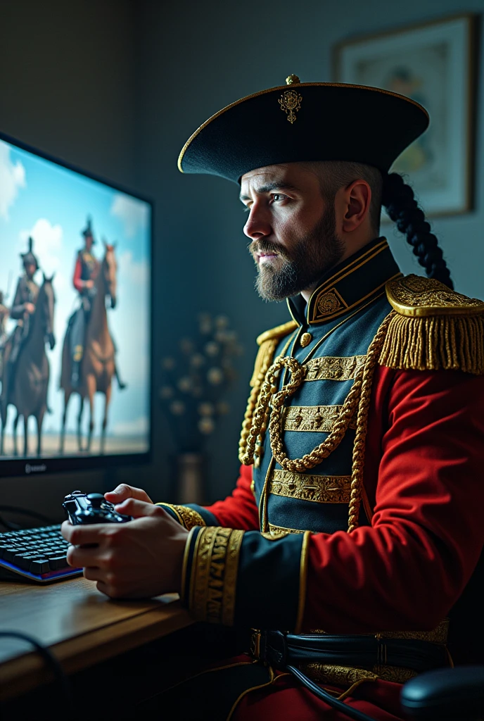 Hungarian hussar plays with video game