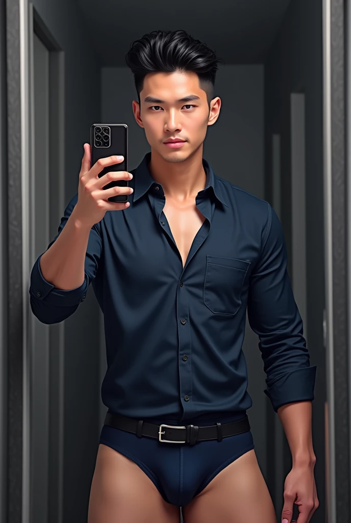 27 years old asian man handsome, ((anatomy perpect)),updo hair style,wearing dark blue shirt,wearing dark blue underwear,selfie in front the mirror with black handphone Samsung in the room