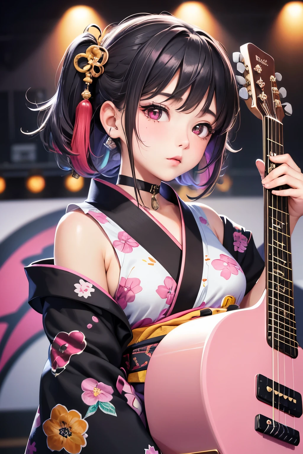 masterpiece, best quality, very detailed, high resolution, expensive resolution, high resolution, 4K, 8k, Unity 8k wallpaper, highly detailed CG, masterpiece, 2D, 3D, beautiful details, depth, fine texture, best quality: 1.3, perfect focus, crispy skin, he,
Very cute anime girl, girl playing guitar vocals in a band wearing a Japanese fancy floral haori hakama, on outdoor stage, full body, expensive pink and black short twin tail hair, mole under eye, looking at the viewer, expensive, blush, mole, lips open, , heart choker, pink eyes, guitar vocals, stage