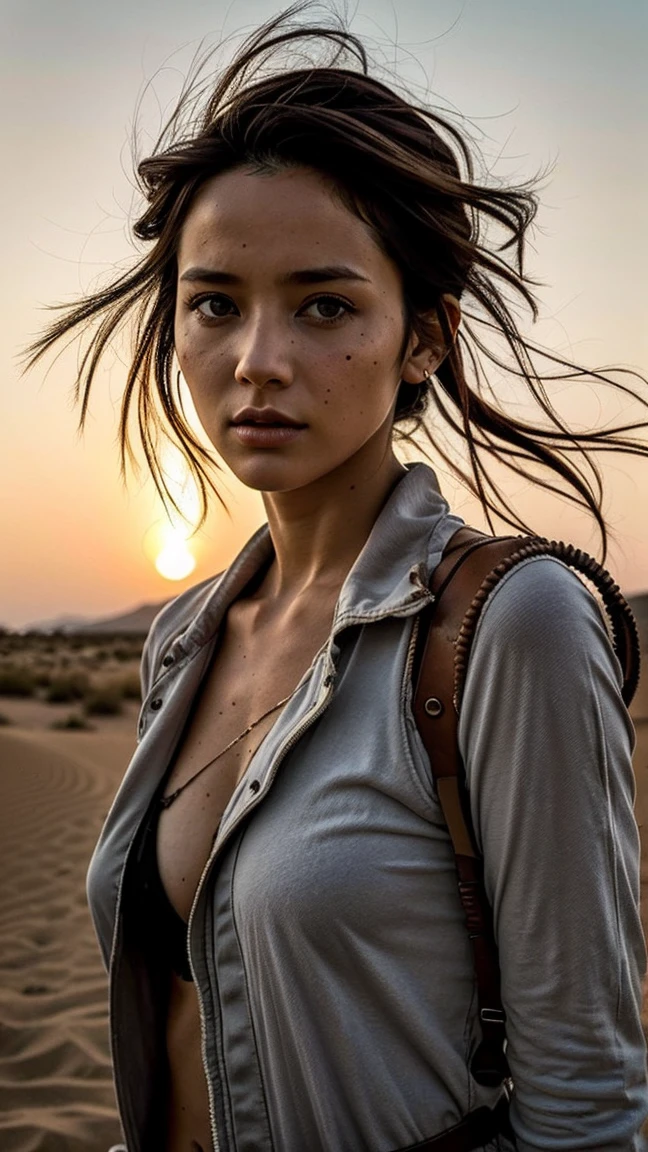 masterpiece, Transition to a desert landscape at sunset, a lonely figure, A beautiful 32-year-old American woman emerges wearing beautiful post-apocalyptic nomadic clothing., White skin, by rubio, gray blue eyes, Freckles in the face, slim body for running, small breasts, Very detailed face, ultra realistic face, very beautiful face, clean but tired face, post-apocalyptic clothing. Layers of tattered fabric, unconventional accessories, and a worn appearance create an aura of survival and resistance., 16k, ultra high resolution.photorealistic, HD, raw, DSLR, with the face of jeniffer lawrence
