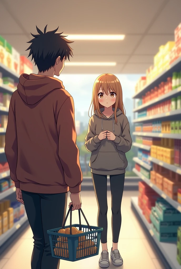 Anime guy in hoodie, holding shopping basket, following woman in supermarket.
