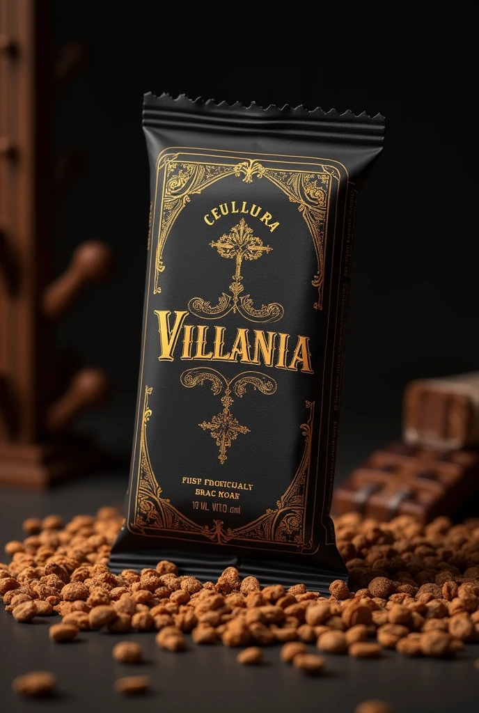 Create a cereal bar with the packaging written Villania with the font (saloon) with the colors black and gold