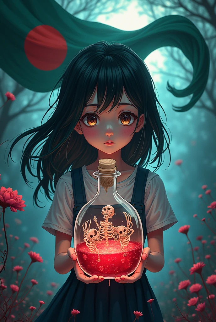 A anime 18 years old young girl have a bottle of red blood filled with skeletons.  There is a anime background . The national flag of Bangladesh is flowing behind the bottle.