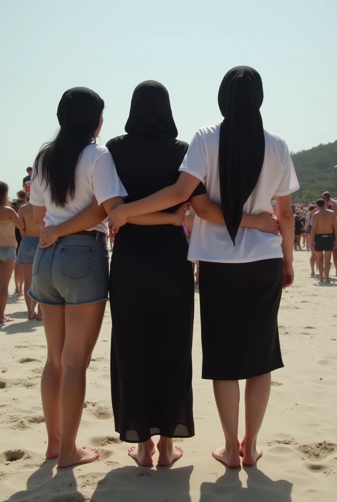 black headscarf, black skirt, white t-shirt, barefoot woman on the beach,Squeezed between 3  crowd