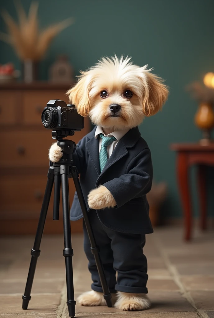 cute dog,Personification,full-body shot,Nice dog,Photographer形象,Hairy feet,Holding a camera,tripod,Photographer,Photo gesture,Set,Suit,tie, (Delicate face), (Fine hairs),(35mm Cinema Lens),(Multi-angle shooting),(many viewing angles)