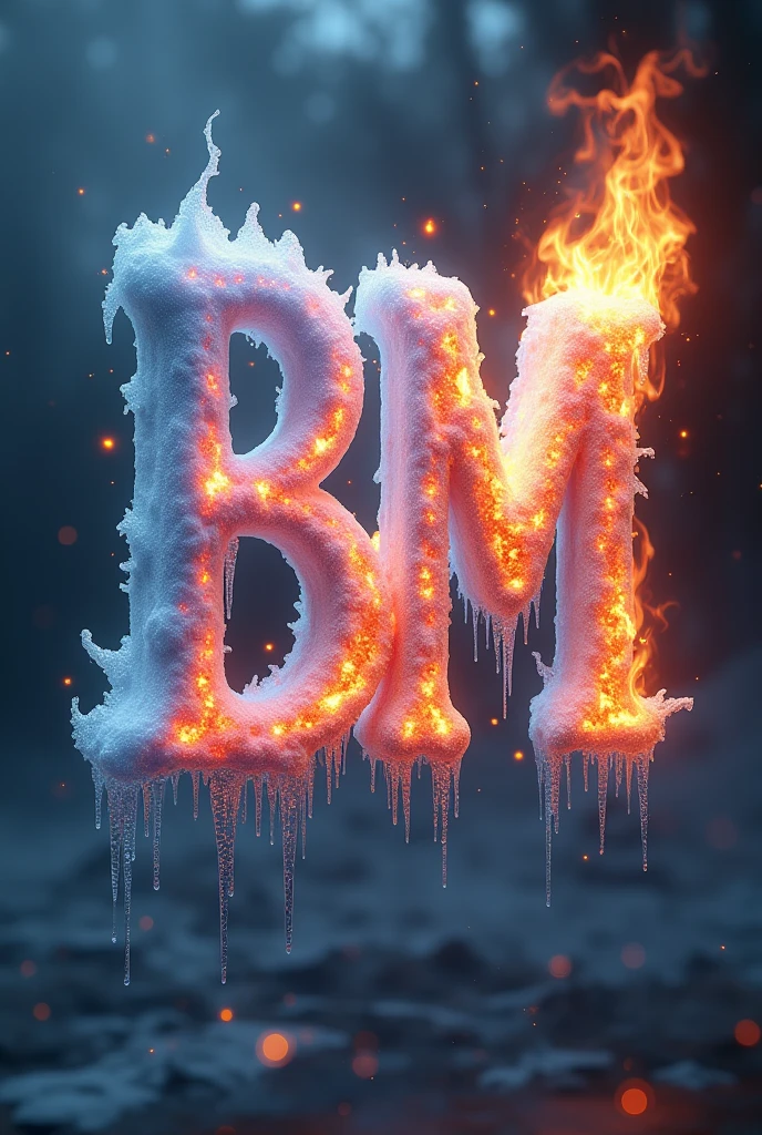 Letters in fire and ice that say ( BM FANTASY )