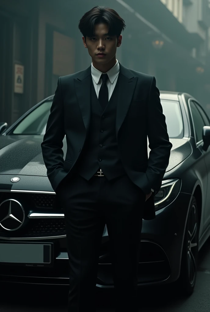 Kim Taehyung member of BTS as a mafia boss in black suit and stand neck a black J class car Kim Taehyung as a mafia