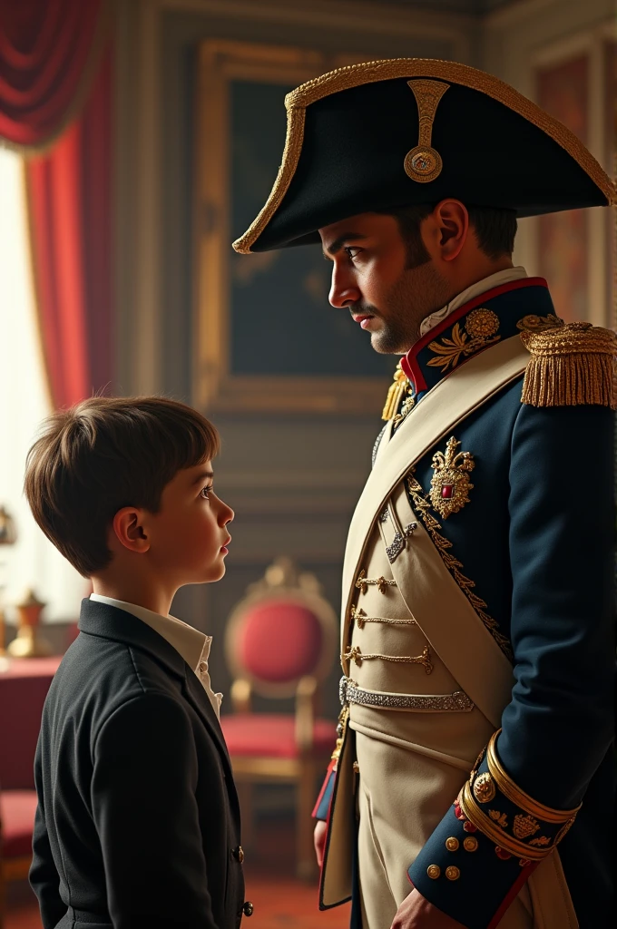 Make image about a conversation with a boy and Napoleon Bonaparte