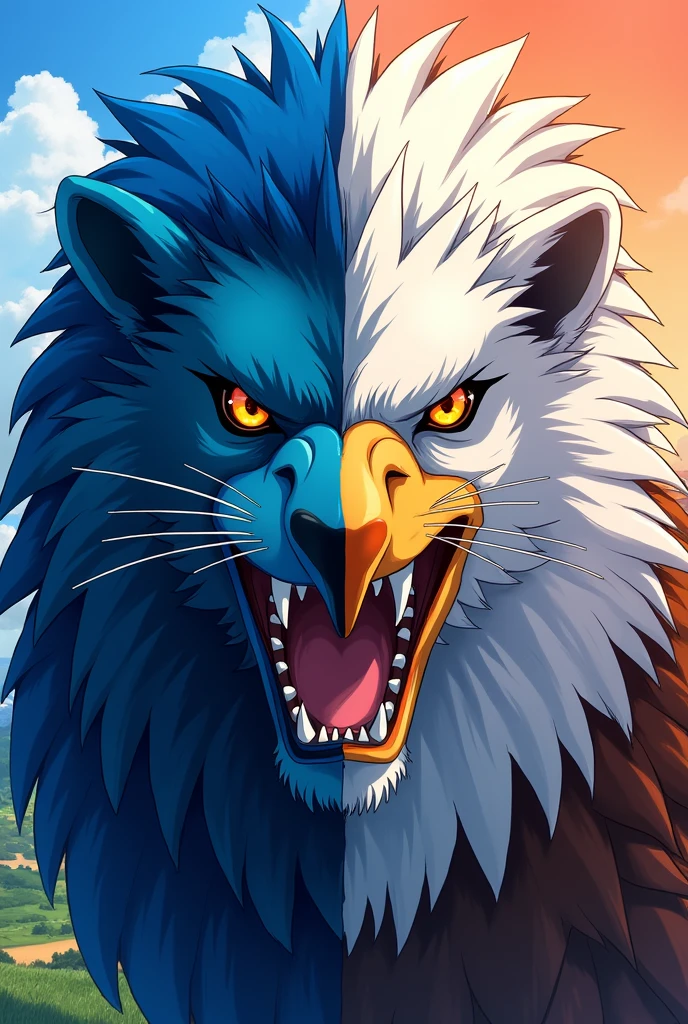 The cover of an anime that has half the face of a lion and the other half the face of an eagle seen from the front with a landscape in the background with striking colors, The lion has a blue mane. The faces must be joined as if the image were divided in two. And that on one half is the face of the lion and on the other half is the face of the eagle without both faces merging.