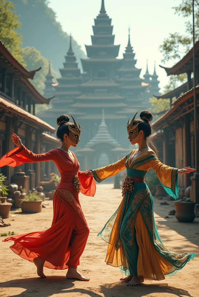 Mask dance of two beautiful women in front of the work yard. Surrounded by temples