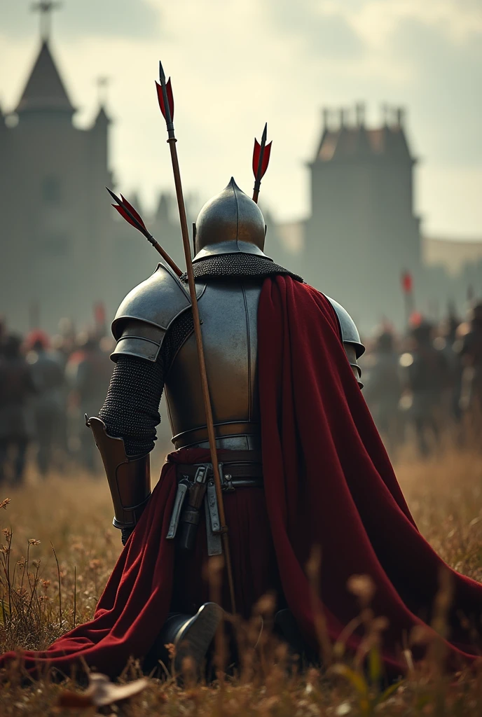 Knight after losing a war falls to his knees in front of a kingdom with several arrows in his back almost dying