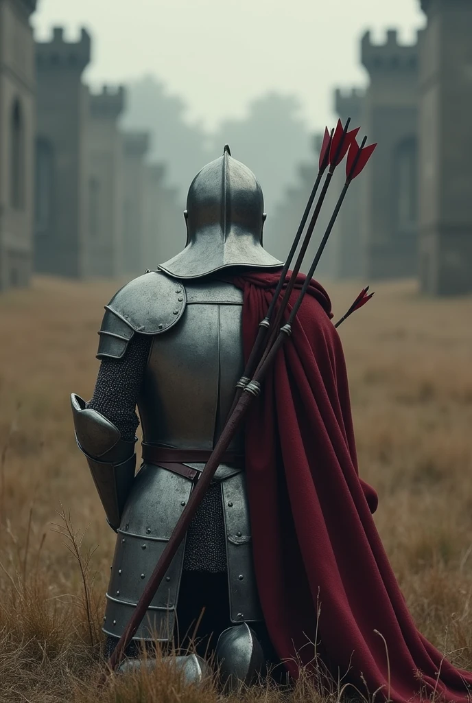 Knight after losing a war falls to his knees in front of a kingdom with several arrows in his back almost dying