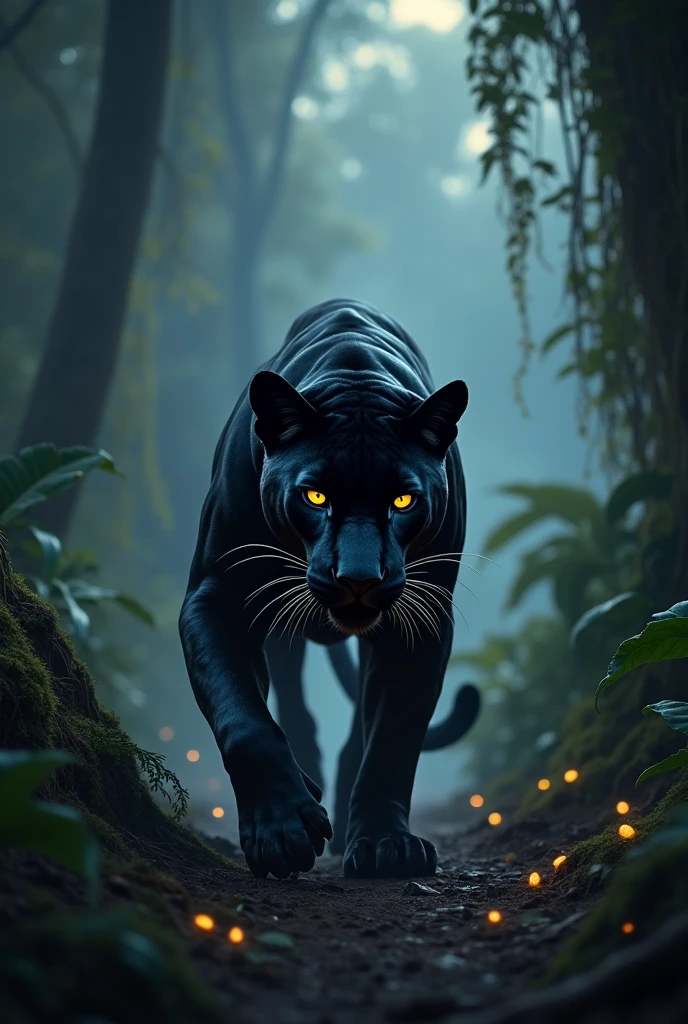 A majestic black jaguar prowling through a dense, misty jungle at midnight. The jaguar's sleek, glossy fur reflects the faint moonlight, highlighting its muscular build and piercing golden eyes that glow with an intense, enigmatic power. The background is filled with towering, shadowy trees and cascading vines, creating an atmosphere of mystery and primal energy. Subtle hints of bioluminescent plants and glowing insects add a mystical touch, making the scene both captivating and fierce."