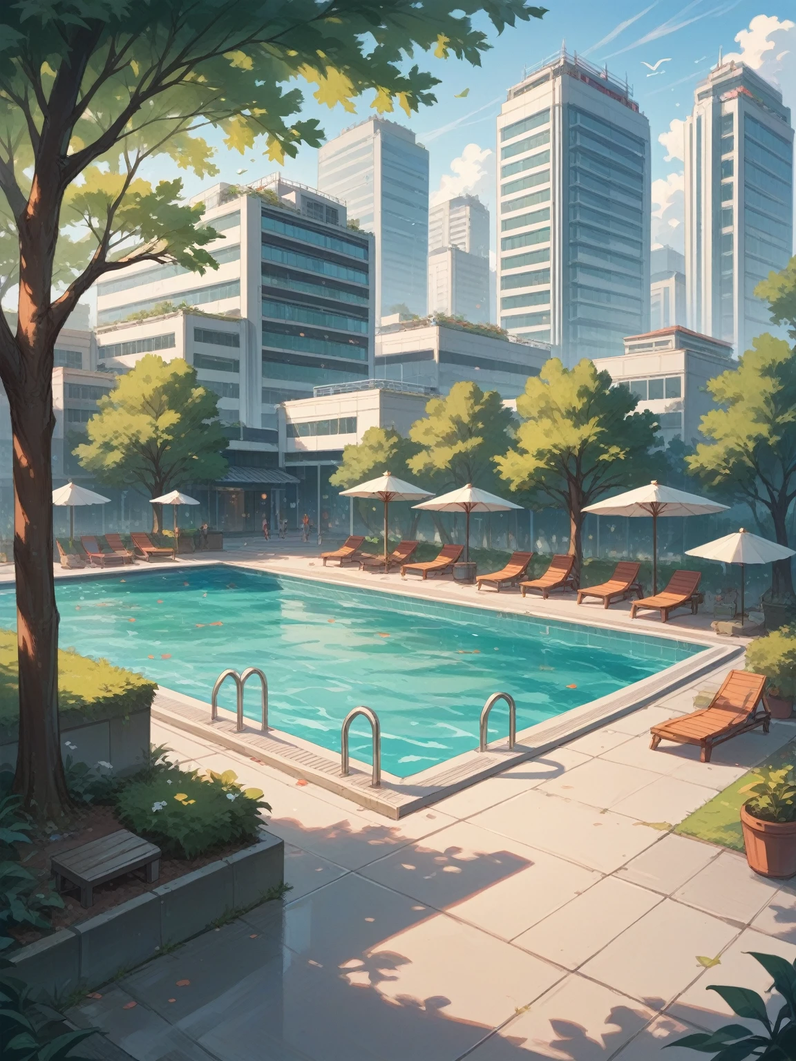 Create a futuristic building, with sakura trees planted on the sidewalk, The color of the building would be white and black, with a terrace having a swimming pool, with glasses