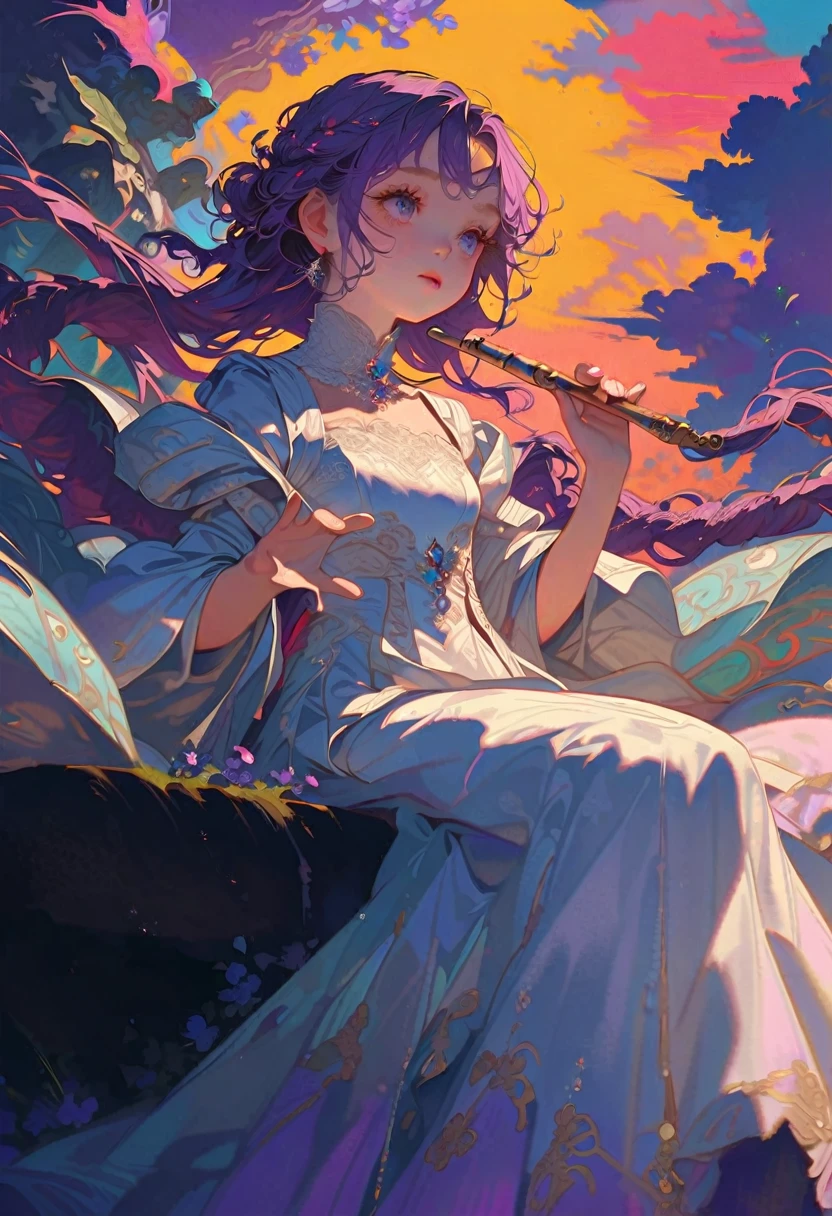 a beautiful girl is sitting on a rope made entirely of flowers, the rope stretches from right to left, quite a distance from the ground, she is wearing an elegant dress bright white, long and gentle, her hair is long, purple tangled hair, flowing, sparkling eyes, she is sitting and looking at the sky, in her right hand she is holding a flute made of glass , exquisite sculpture, sunset, wind, clouds, fantasy, dream, beautiful color combination, perfect layout, meticulous, 8k, clear details