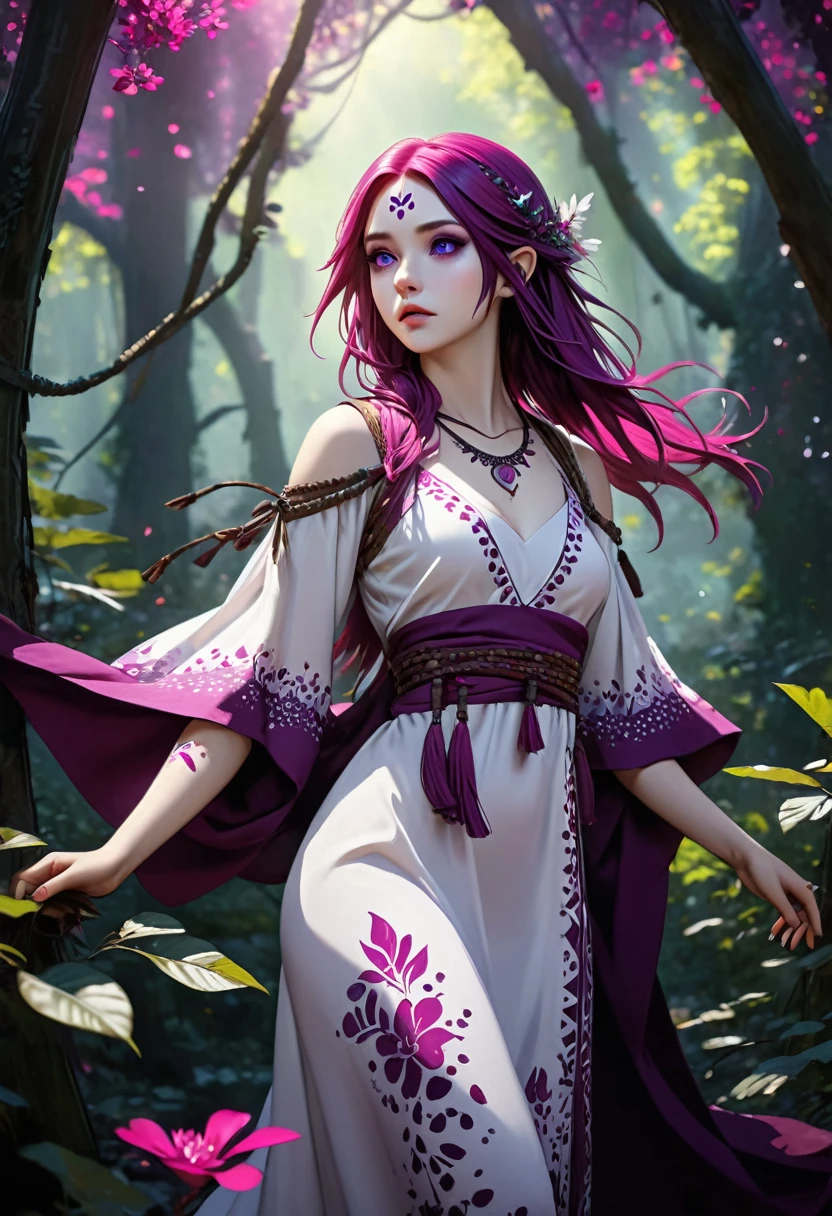 ((ultra realistic illustration:1.2)),(dark fantasy:1.4), In a mystical forest. Beautiful Elven mage. Wild (magenta hair), violet eyes, ((very pale:1.4)), beautifully fit figure, small perky breasts. (tribal war paint), long dress, bare feet .Masterpiece, (highly detailed:1.2),(detailed face and eyes:1.2), 8k wallpaper, natural lighting. core shadows, high contrast, bokeh.