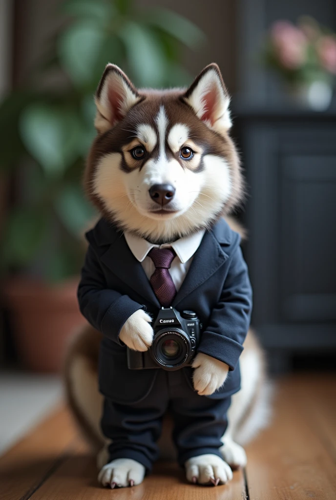 cute dog，Husky，Personification，full-body shot，Nice dog，Photographer形象，Hairy feet,Holding a camera，tripod，Photographer，Photo gesture,Set,Suit，tie, (Delicate face), (Fine hairs)，（35mm Cinema Lens），（Multi-angle shooting），（many viewing angles）