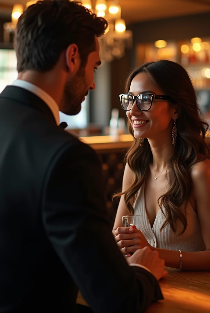 A sexy man, wearing a tuxedo, working as a CEO sitting at a bar looking at a lost innocent girl nerd who accidentally came there 