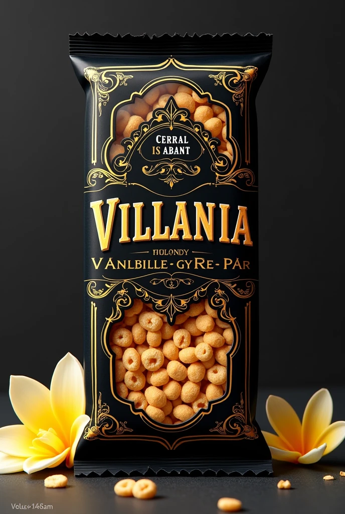 Create a cereal bar with the packaging written Villania with the font (saloon) with the colors black and gold. Vanilla flavor