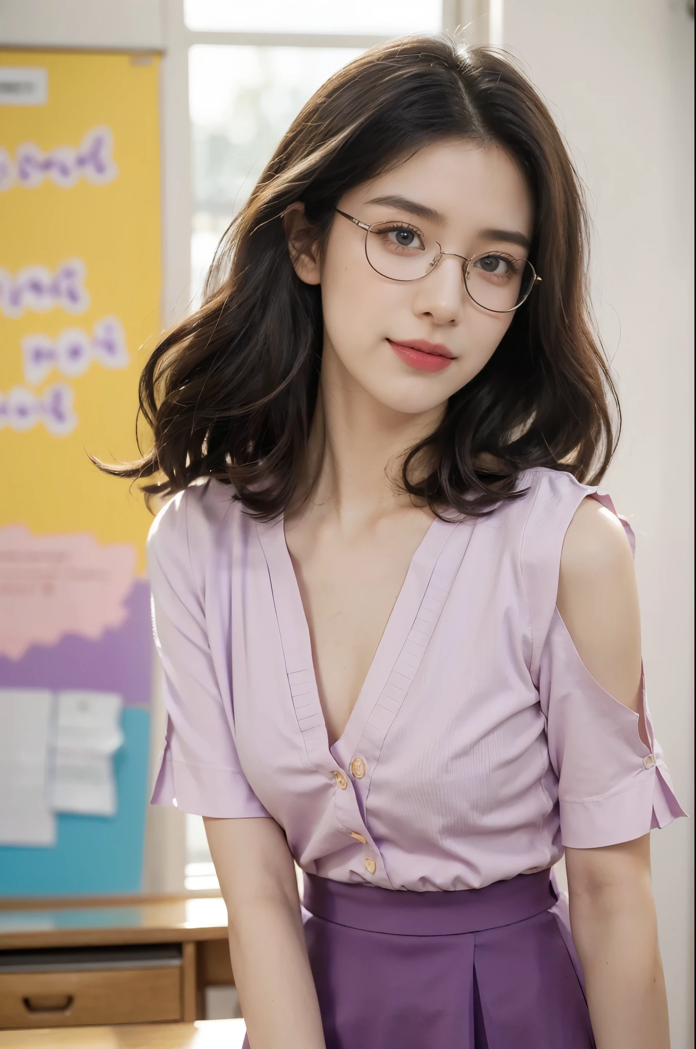 (((best quality))),(((ultra detailed))),(((masterpiece))),illustration,((1 beautiful young girl,female teacher,solo)),(shoulder-length wavy bob:1.3),(glasses:1.2),((slim,thin)),((small breasts,flat chest,bra)),(summer:1.3),(indoor:1.2),(in classroom:1.3),(light purple collared short-sleeved shirt:1.3),(open shirt:1.5),(maxi purple skirt:1.3), elegance, confidence, professional attire, fashionable, personal style, wall posters, maps, colorful, learning, organized, desks, chairs, whiteboard, important information, diagrams, bright eyes, focused, gentle smile, warmth, kindness, positivity, enthusiasm, inspiring, students, joy, intelligence, snapshot, dedication, grace,((from front,upper body))