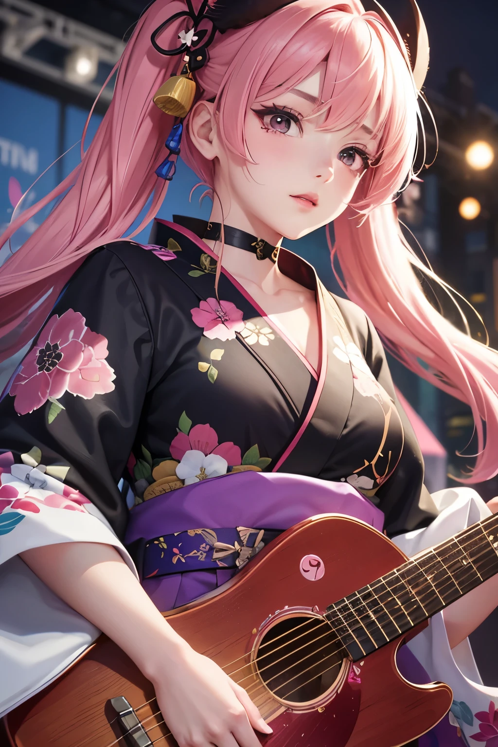 masterpiece, best quality, very detailed, high resolution, expensive resolution, high resolution, 4K, 8k, Unity 8k wallpaper, highly detailed CG, masterpiece, 2D, 3D, beautiful details, depth, fine texture, best quality: 1.3, perfect focus, crispy skin, he,
Very cute anime girl, girl playing guitar vocals in a band wearing a Japanese fancy floral haori hakama, on outdoor stage, full body, expensive pink and black short twin tail hair, mole under eye, looking at the viewer, expensive, blush, mole, lips open, , heart choker, pink eyes, guitar vocals, stage