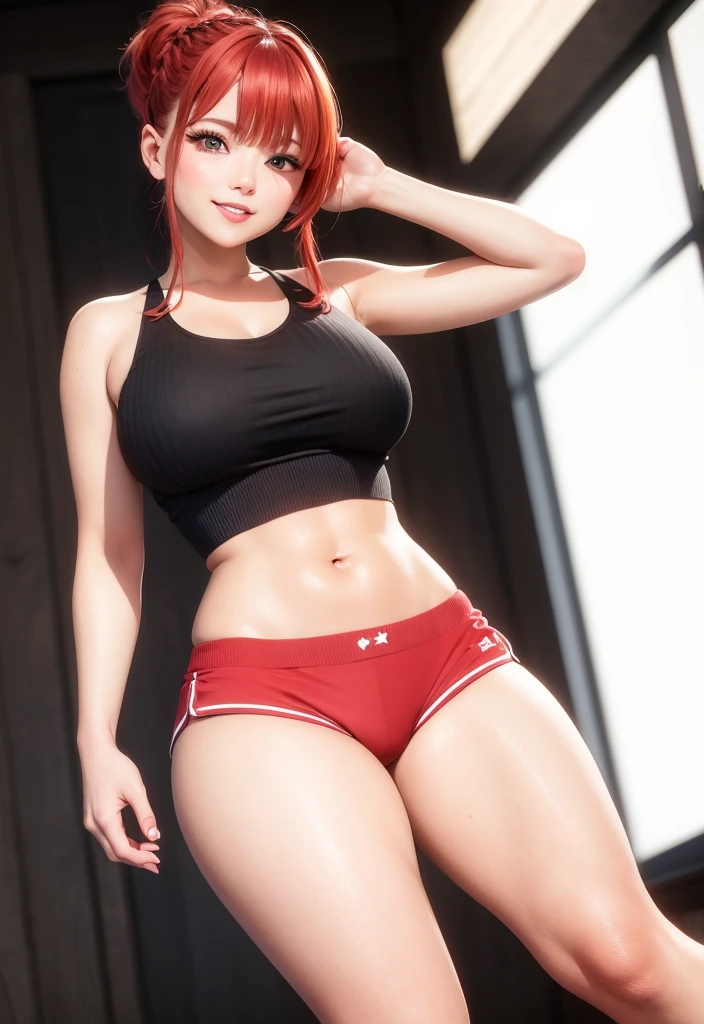 Red-haired girl with short braided ponytail and bangs, Standing with a sense of superiority, looking at the ground. Mischievous Smile. Thick thighs. Detailed, Beautiful Face, Black colored eyes. She has big breasts. Crotch focus. Cotton shorts,Oversized thin white tank top, Nipples