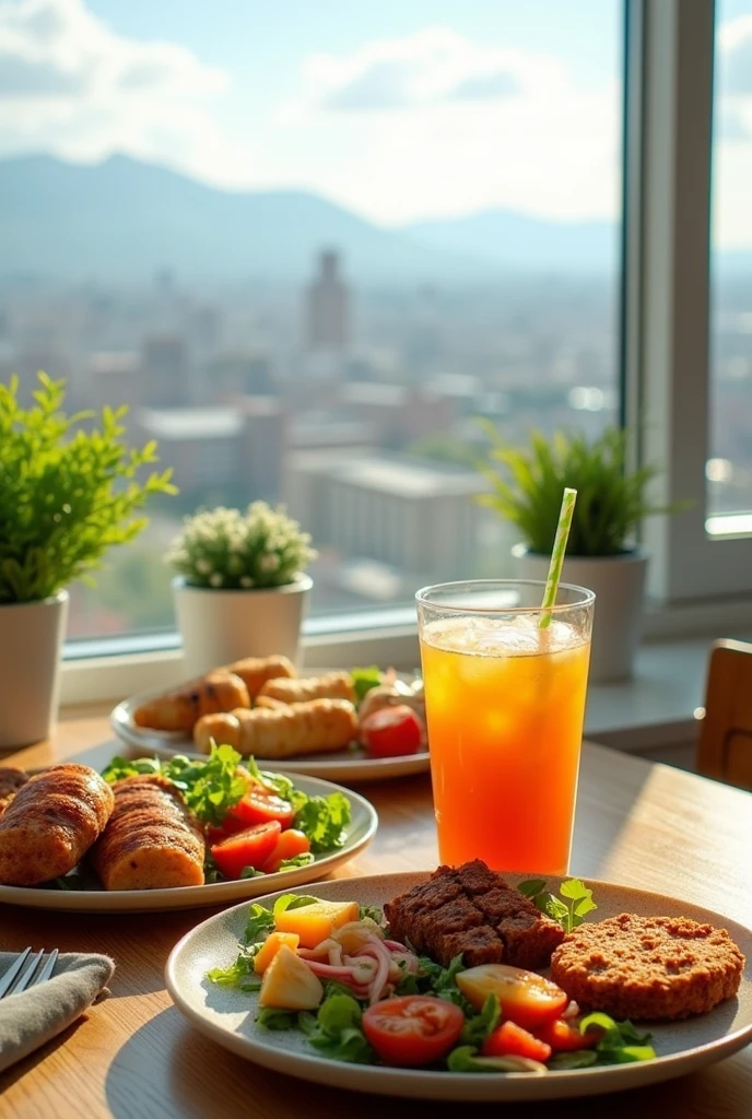 keto food, delivery food, in the morning, outside the window views is ulaanbaatar city, mongolia, bright kitchen, no person in there, foods on the table, detox juice