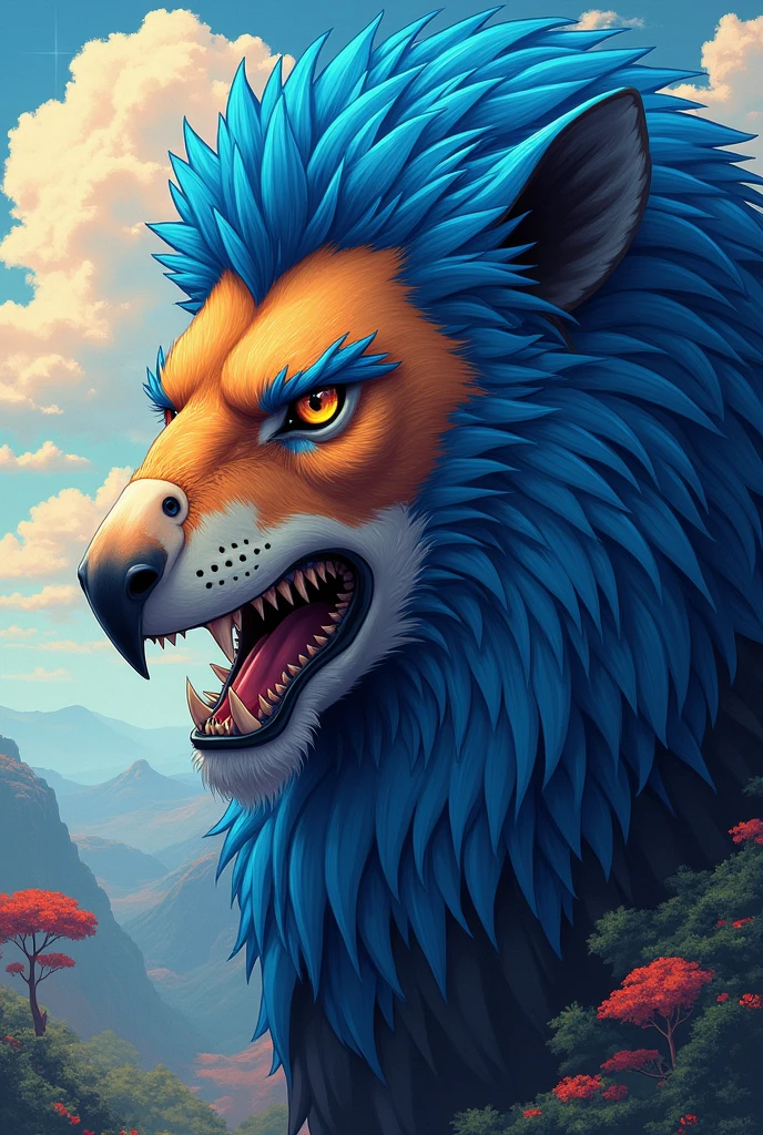 The cover of an anime that has half the face of a lion and the other half the face of an eagle seen from the front with a landscape in the background with striking colors, The lion has a blue mane. The faces must be joined as if the image were divided in two. And that on one half is the face of the lion and on the other half is the face of the eagle without both faces merging.. Only the lion's mane is blue, his face is a normal color.