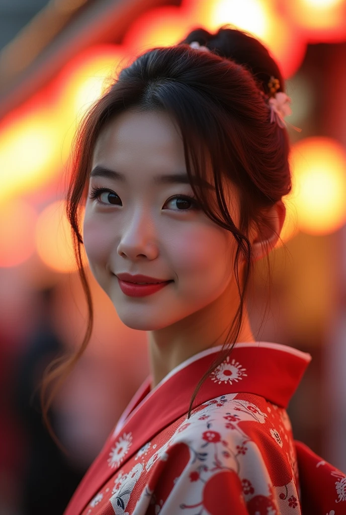 (((top quality, 8k, masterpiece))), crisp focus, (beautiful woman with perfect figure), slender, (hairstyle: up)), ((kimono: Kara)), street: 1.2 Highly detailed face and skin texture Detailed eyes Double eyelids random posture, (smile),super cute Japan person,super beauty Japanese girl, realistic face, double eyelid,smile,summer festival , at sunset ,fire-works back-ground.