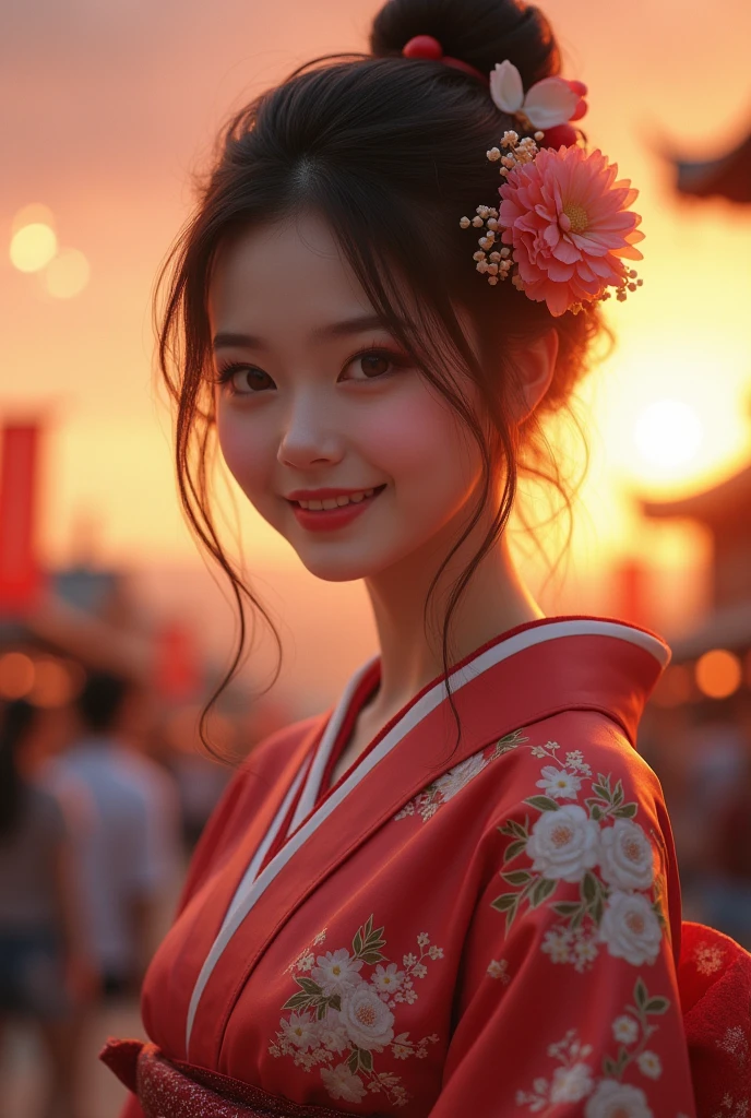 (((top quality, 8k, masterpiece))), crisp focus, (beautiful woman with perfect figure), slender, (hairstyle: up)), ((kimono: Kara)), street: 1.2 Highly detailed face and skin texture Detailed eyes Double eyelids random posture, (smile),super cute Japan person,super beauty Japanese girl, realistic face, double eyelid,smile,summer festival , at sunset ,fire-works back-ground.