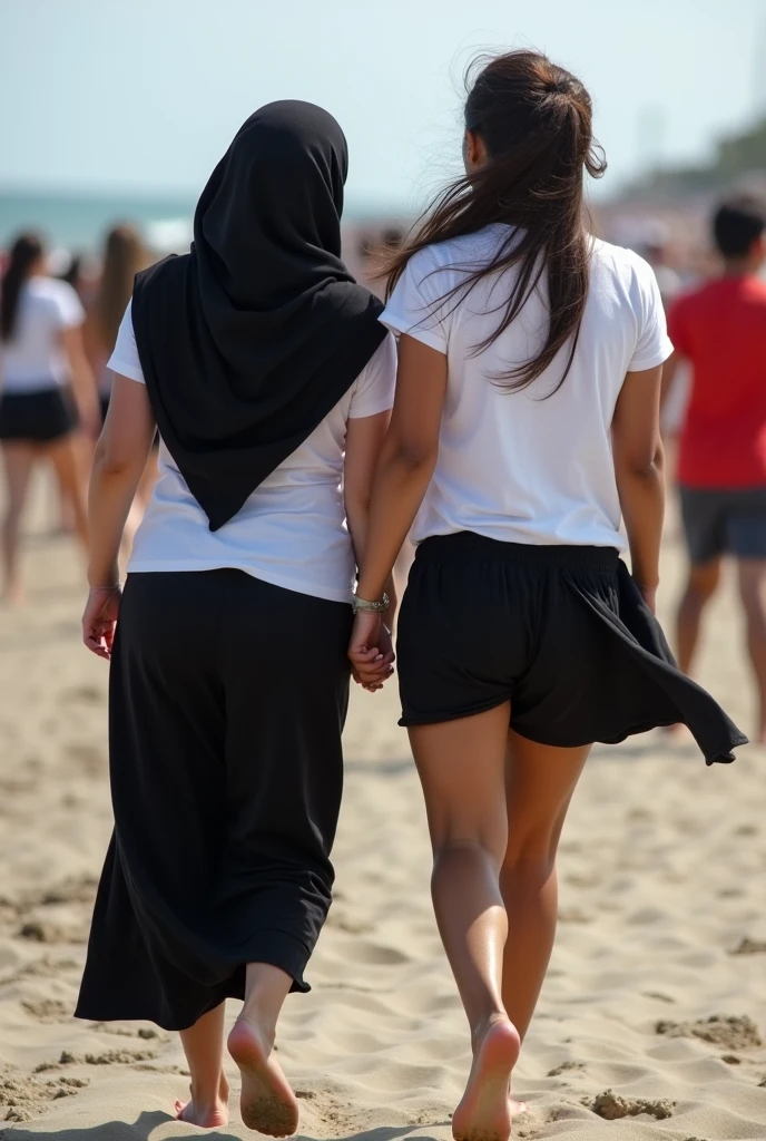 black headscarf, black skirt, white t-shirt, 2 barefoot women, Stuck between two crowd on the beach, trying to escape