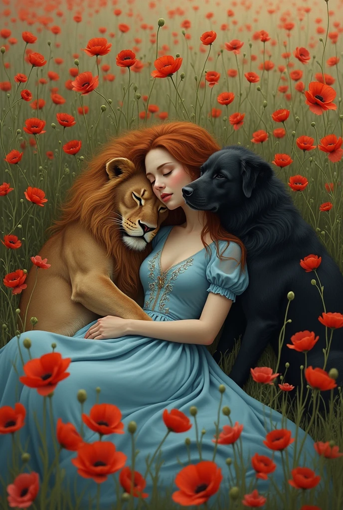 Create the image of a sleeping woman with long hair and a blue dress,next to a sleeping lion and a sleeping black dog around a field of poppies