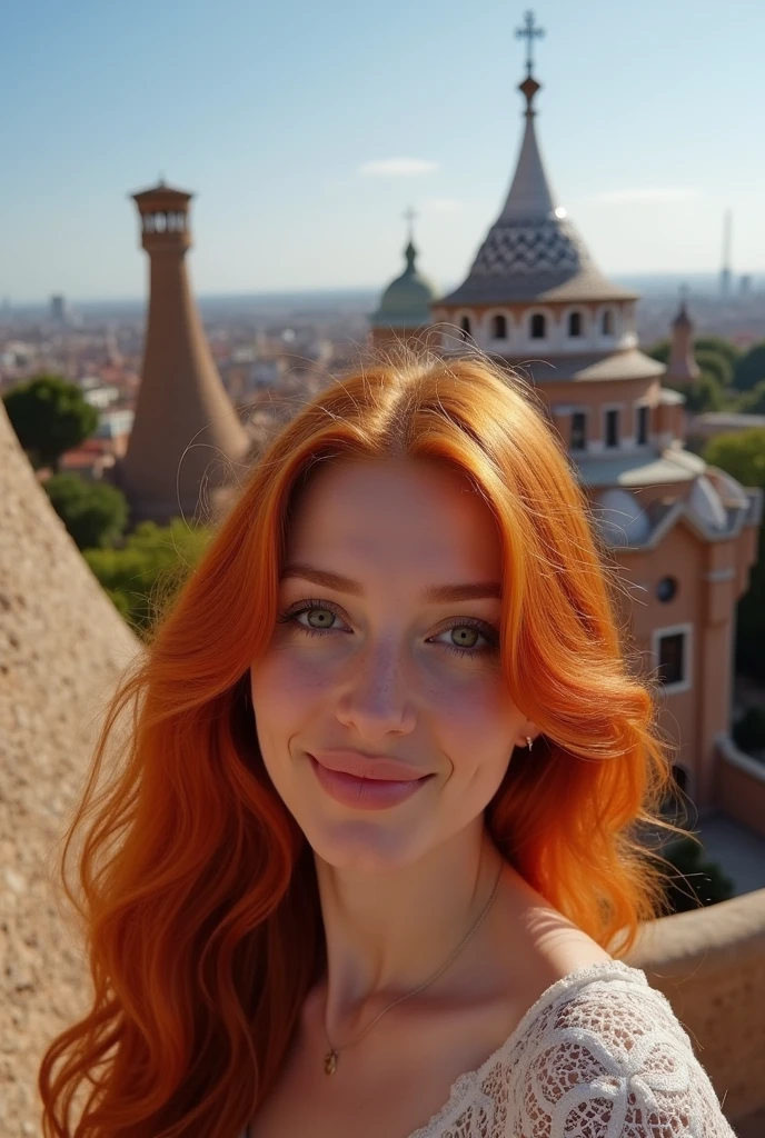 Imagine a red-haired white woman showing her face while visiting Park Guell in Barcelona