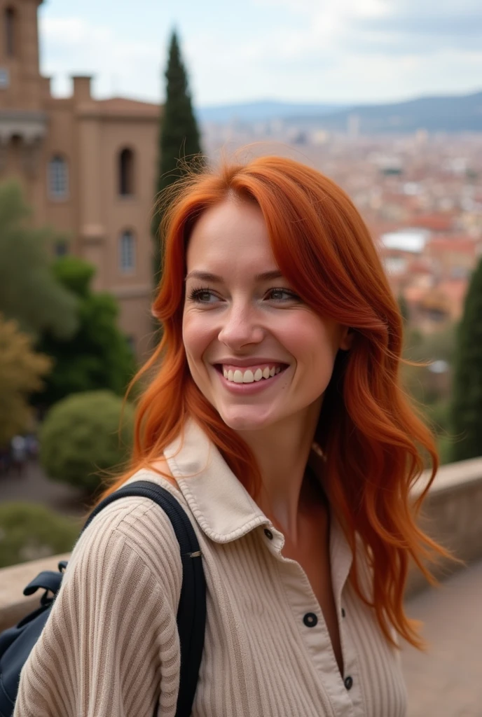 Imagine a red-haired white woman showing her face while visiting Park Guell in Barcelona