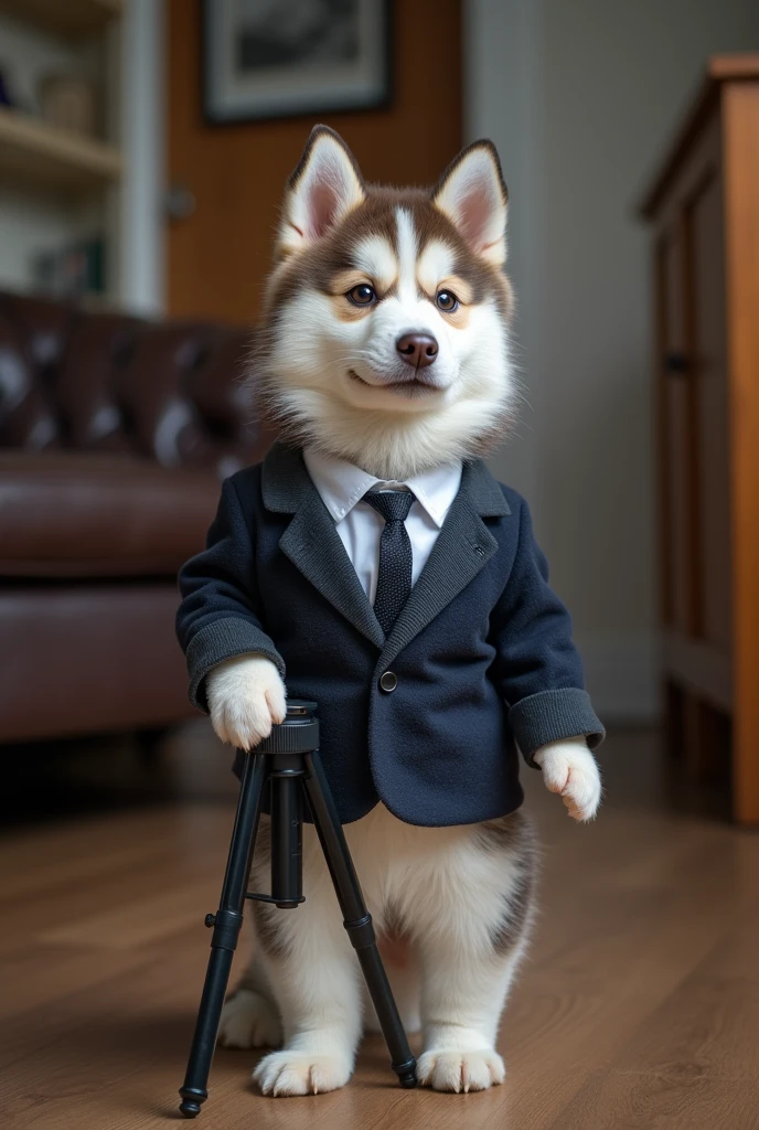 cute dog,Husky,Personification,full-body shot,Nice dog,Photographer形象,Hairy feet,Holding a camera,tripod,Photographer,Photo gesture,Set,Suit,tie, (Delicate face), (Fine hairs),(35mm Cinema Lens),(Multi-angle shooting),(many viewing angles)