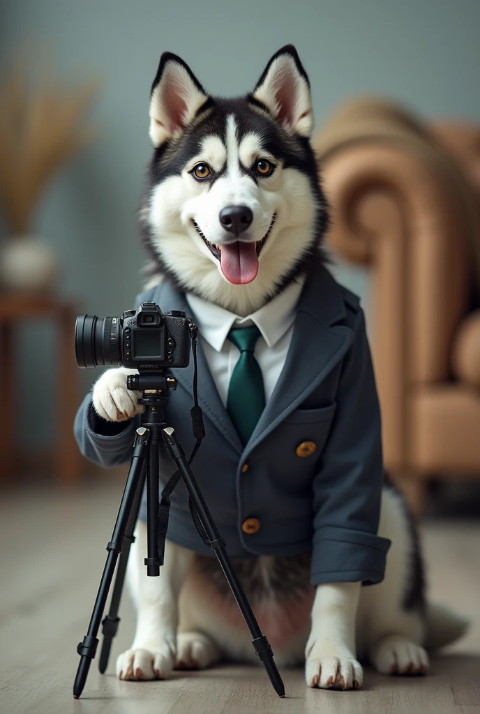 cute dog,Husky,Personification,full-body shot,Nice dog,Photographer形象,Hairy feet,Holding a camera,tripod,Photographer,Photo gesture,Set,Suit,tie, (Delicate face), (Fine hairs),(35mm Cinema Lens),(Multi-angle shooting),(many viewing angles)