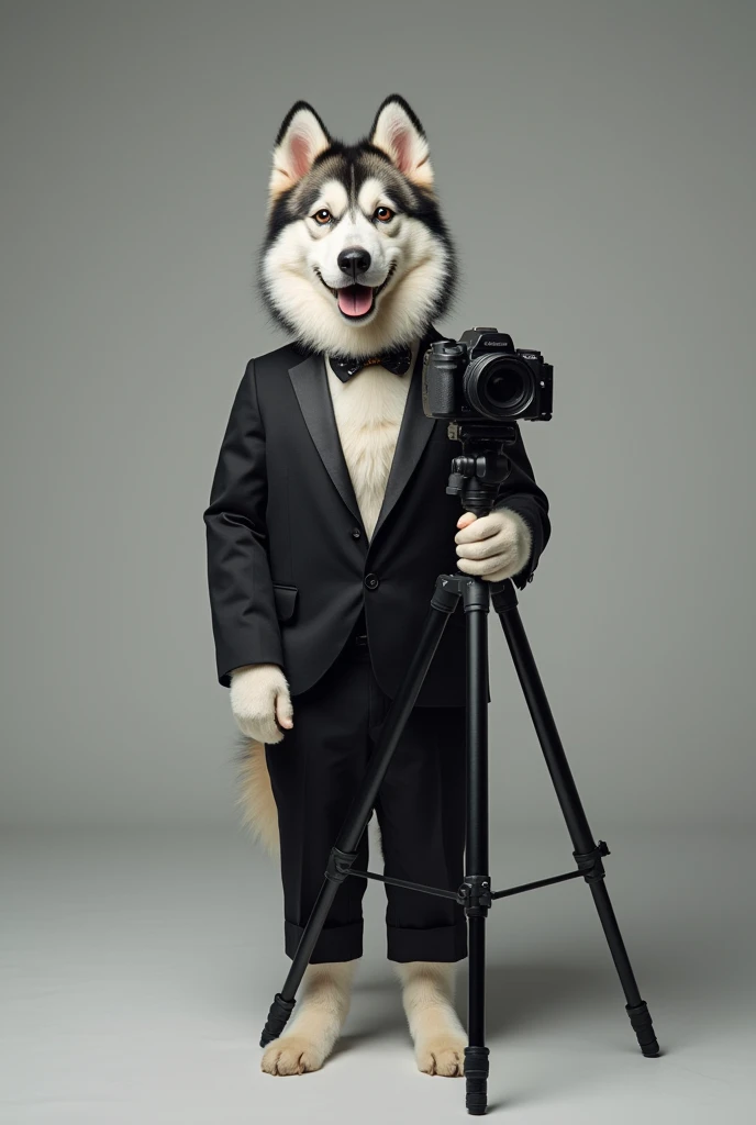 cute dog，Husky，Personification，full-body shot，Nice dog，Photographer形象，Hairy feet,Holding a camera，tripod，Photographer，Photo gesture,Set,Suit，tie, (Delicate face), (Fine hairs)，（35mm Cinema Lens），（Multi-angle shooting），（many viewing angles）
