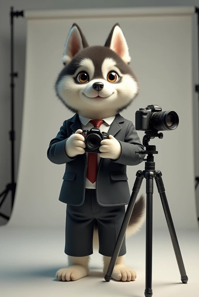 cute dog，Husky，Personification，full-body shot，Nice dog，Photographer形象，Hairy feet,Holding a camera，tripod，Photographer，Photo gesture,Set,Suit，tie, (Delicate face), (Fine hairs)，（35mm Cinema Lens），（Multi-angle shooting），（many viewing angles）