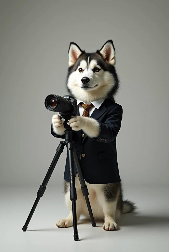 cute dog,Husky,Personification,full-body shot,Nice dog,Photographer形象,Hairy feet,Holding a camera,tripod,Photographer,Photo gesture,Set,Suit,tie, (Delicate face), (Fine hairs),(35mm Cinema Lens),(Multi-angle shooting),(many viewing angles)