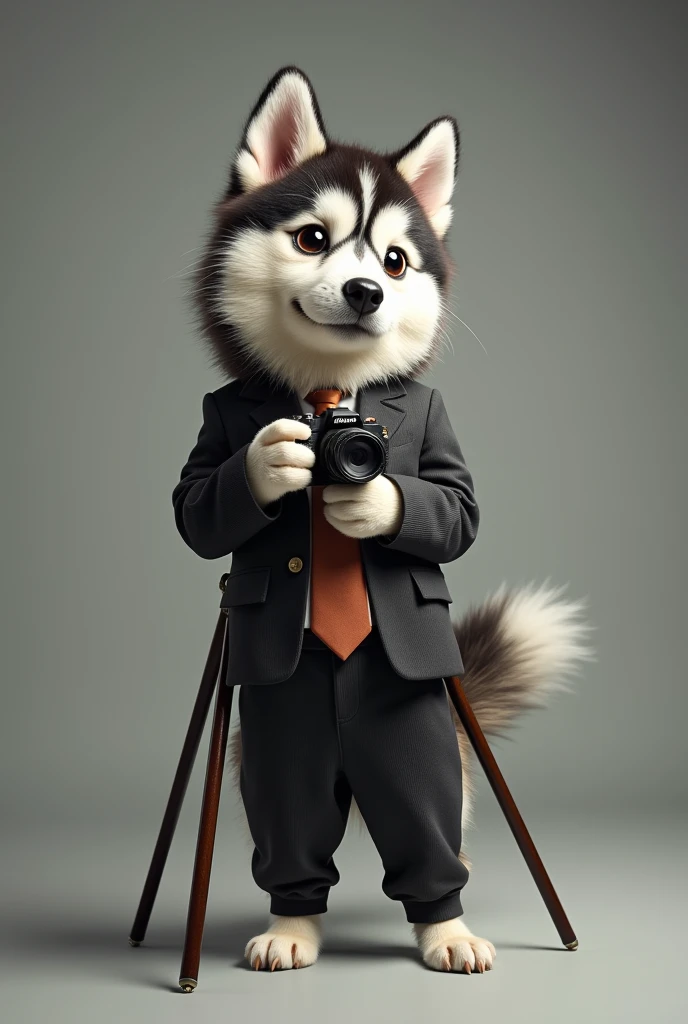 cute dog,Husky,Personification,full-body shot,Nice dog,Photographer形象,Hairy feet,Holding a camera,tripod,Photographer,Photo gesture,Set,Suit,tie, (Delicate face), (Fine hairs),(35mm Cinema Lens),(Multi-angle shooting),(many viewing angles)
