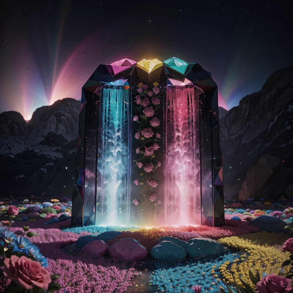 Shiny beautiful colorful diamond-rose flowers,Mesmerizing Cosmic Waterfall in a Psychedelic World psychedlic colors, in the style of 3D, octane render, 8k, ray-tracing, blender, hyper-detailed,best professional photo,High resolution photo
