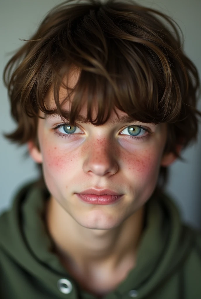 Face, 18 year old boy, straight dark brown hair and light green eyes