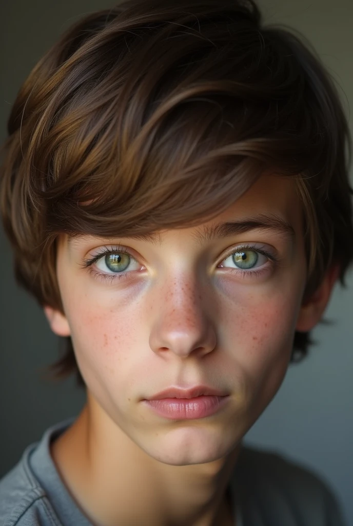 Face, 18 year old boy, straight dark brown hair and light green eyes