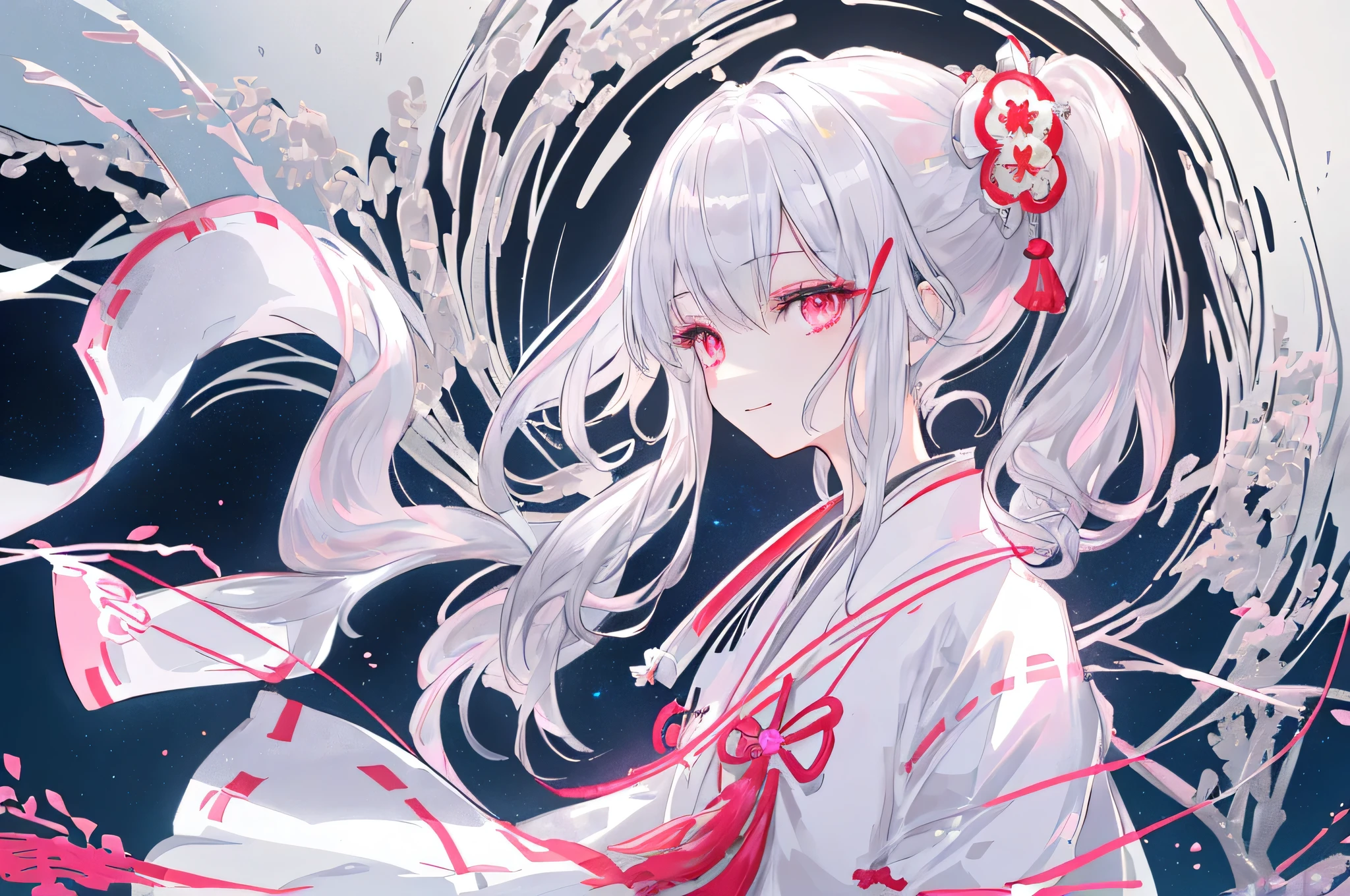 [(white background:1.4)::5],original,(illustration:1.1),(best quality),(masterpiece:1.1),(extremely detailed CG unity 8k wallpaper:1.1), (colorful:0.9),(mid shot:0.95),((highly detailed beautiful face and eyes)),(solo:1.2), (girl),(((adult))), (detailed beautiful eyes:1.15), (beautiful face:1.15), (glowing pink eyes:1.25////),(((silver medium hair))),(+perfect hand+:1.21),(Draw an illustration of japanese miko),(((side ponytail))),(Religious),(slender),(from side),(is wearing white kimono),(fantasy miko clothes),((beutiful slender girl with white kimono)),smile,(adult),