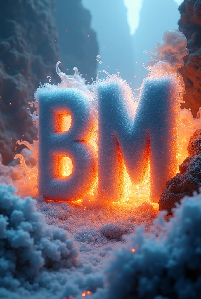 Letters in fire and ice that say ( BM FANTASY )